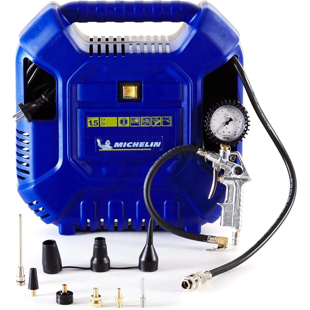 Michelin Compresseur à Air Portable MB1, Compresseur à Air sans Huile avec Tuyau Flexible de 1m, Pistolet de Gonflage Certifié CE avec Manomètre et 6 Buses, Pression Max. 8 Bar, Puissance 1.5 CV : Bricolage