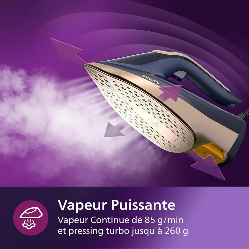 Philips Azur 8000 Series Fer À Vapeur - 85 g/min De Vapeur Continue, Effet Pressing Jusqu' À 260 g, 3000 W, Technologie OptimalTEMP, Semelle SteamGlide Elite, Bleu Foncé (DST8050/20) : Cuisine et Maison