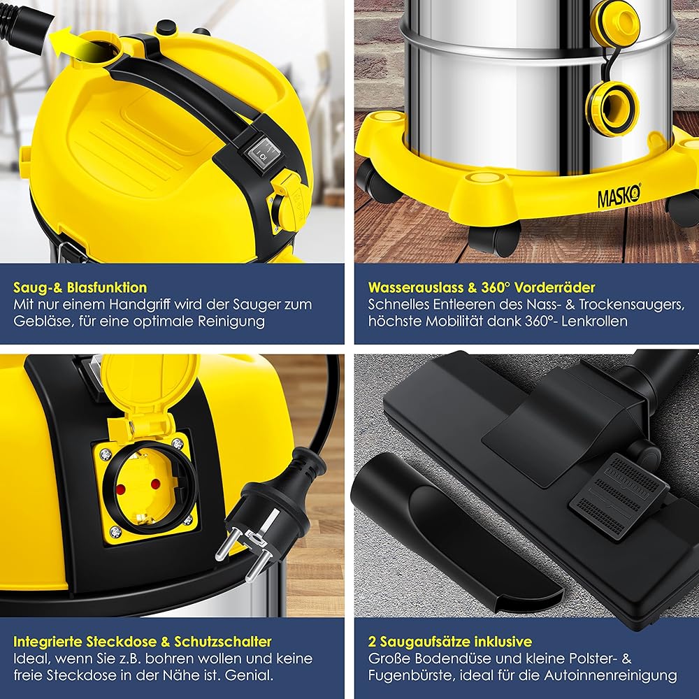 Masko® Aspirateur Industriel Aspirateur Eau et poussière aspirateur Acier Inoxydable 2 300 W + Prise électrique Fonction soufflage Aspiration à Sec et Aspiration de l'eau | Push&amp;Clean, Jaune : Cuisine et Maison