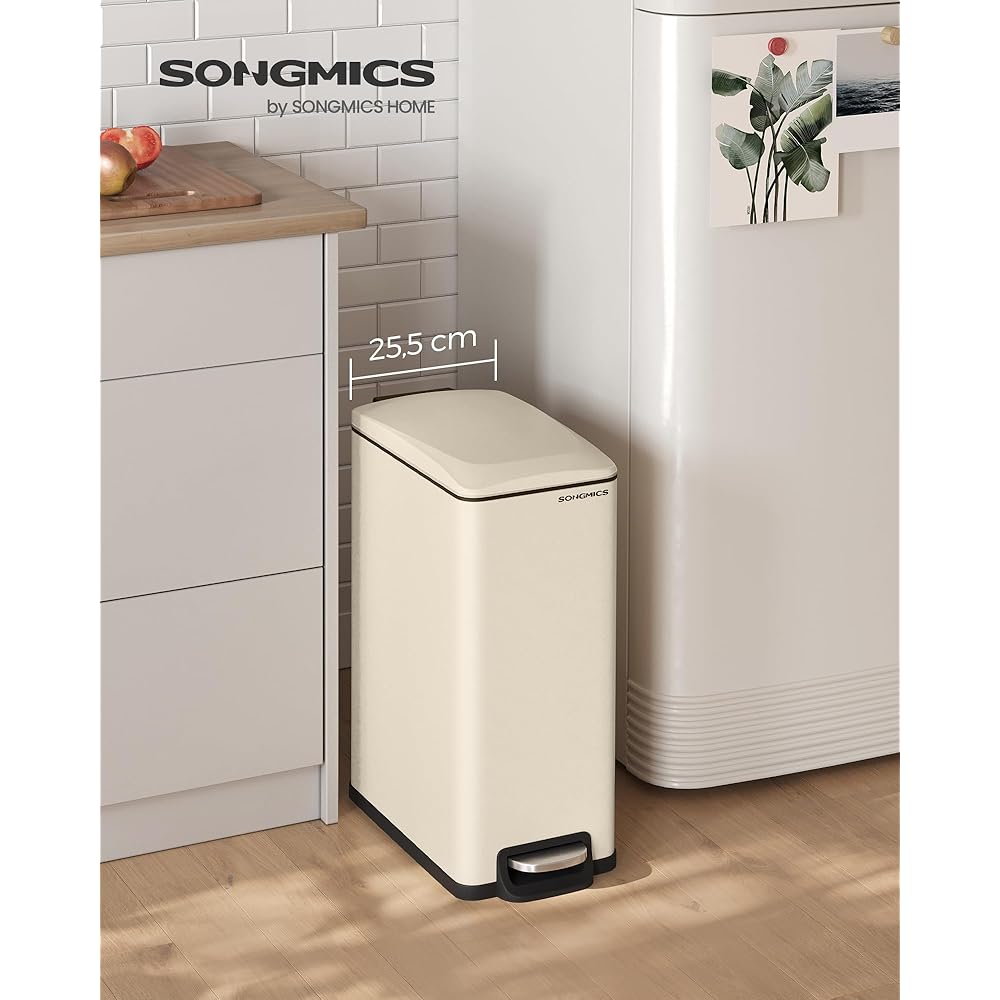 SONGMICS Poubelle de Cuisine 48L, Poubelle à Pédale, Fine, pour Petits Espaces, Couvercle à Fermeture en Douceur, avec Seau Intérieur, en Acier, 15 Sacs Poubelle Inclus, Beige Sable LTB510A02 : Cuisine et Maison
