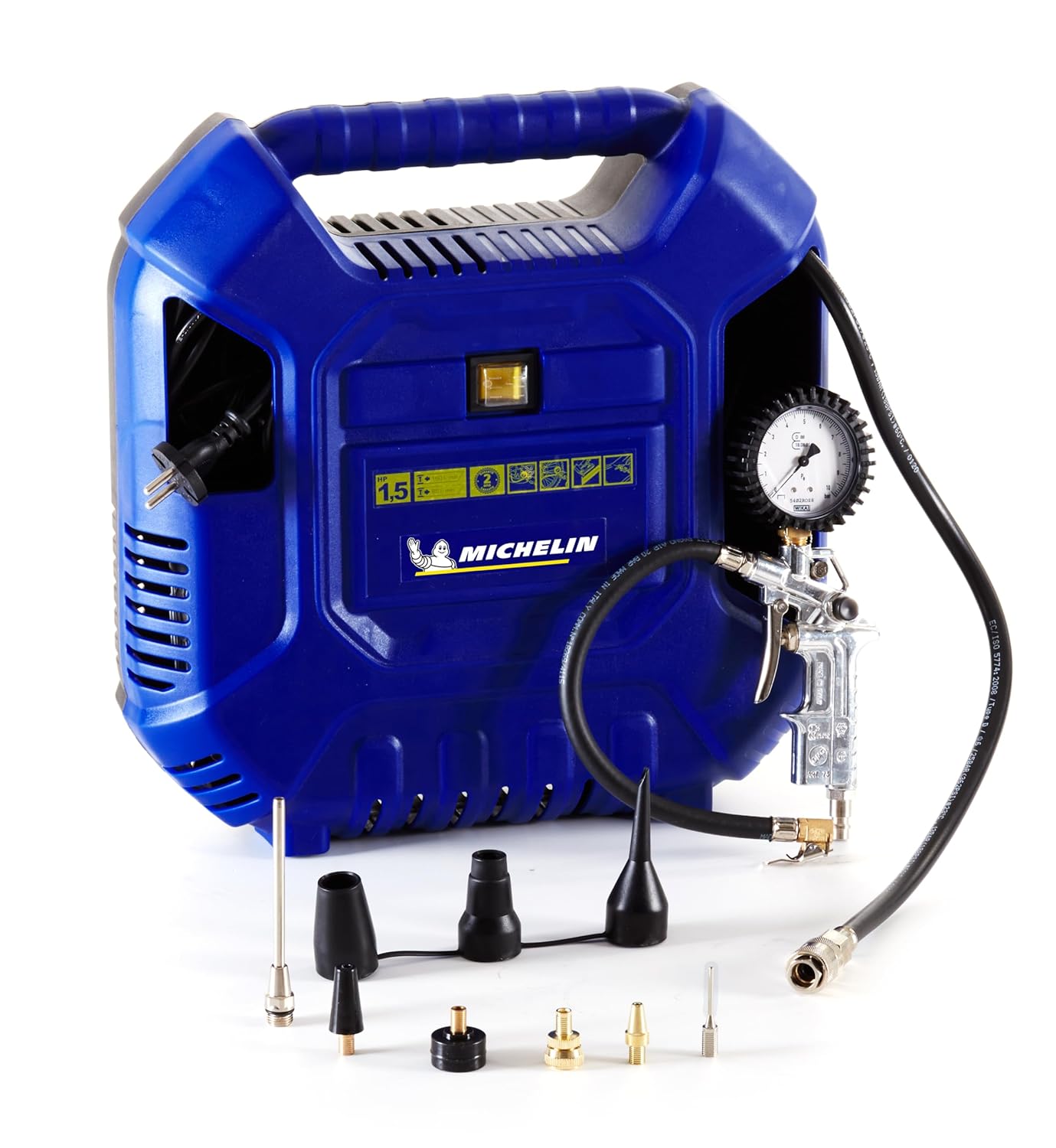 MICHELIN MB1 Compresseur d'Air Portable, Compresseur d'Air Sans Huile avec Tuyau de 1 m, Pistolet de Gonflage avec Manomètre et 6 Buses, Pression Max. 8 Bar, Puissance 1.5 CV : Bricolage