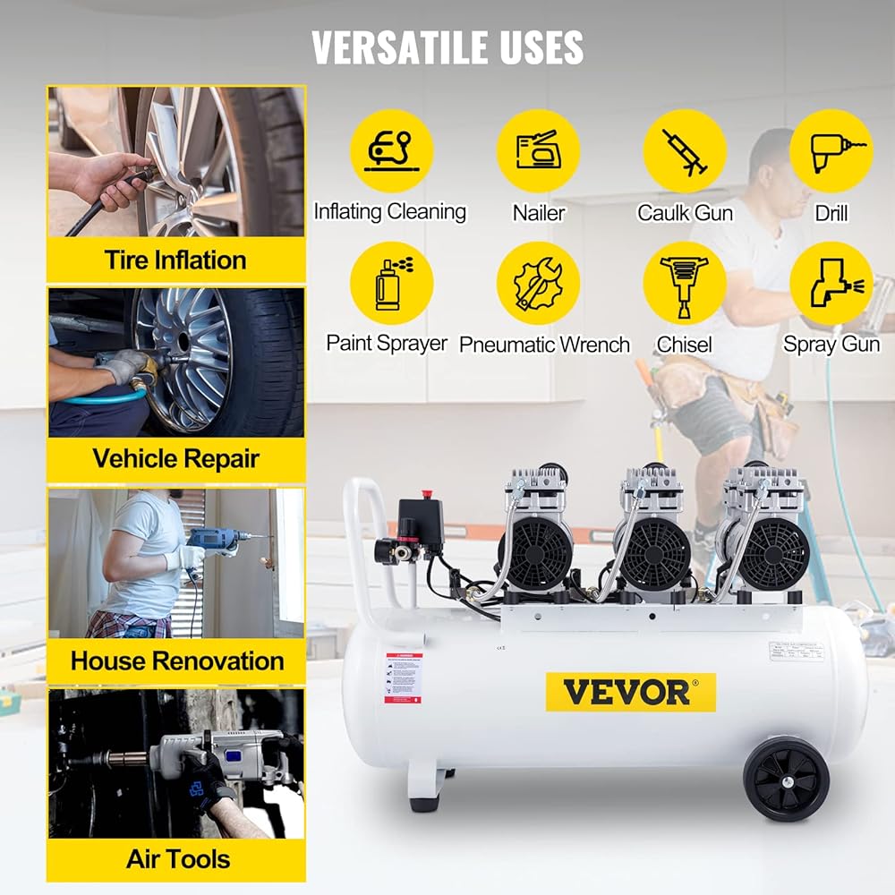 VEVOR Compresseur d’Air sans Huile Compresseur Silencieux à Air Comprimé Compresseur Outil d’Atelier pour Réparations Domiciliaires, Gonflage de Pneus (100L 2.2KW, Électrovanne) : Bricolage