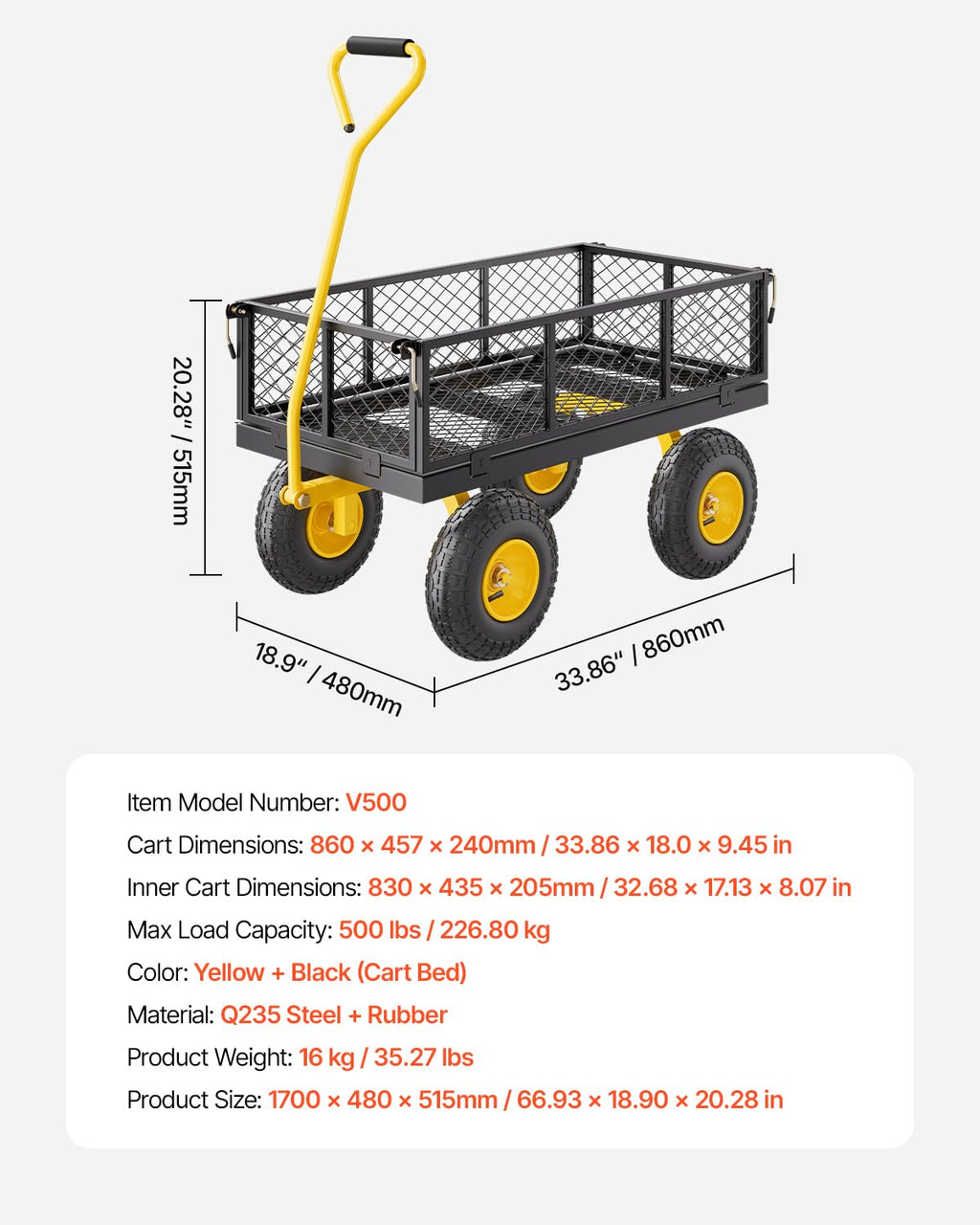 VEVOR Chariot de Jardin Transport, Charge 226,80 kg, Chariot Utilitaire Robuste Tractable Extérieur en Métal avec Pneus 254 mm, Côtés Amovibles en Maille Réglables, Poignée Rotative 180°, Jaune Noir : Cuisine et Maison