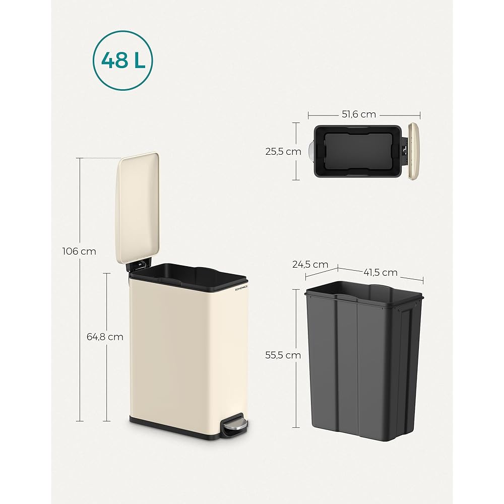 SONGMICS Poubelle de Cuisine 48L, Poubelle à Pédale, Fine, pour Petits Espaces, Couvercle à Fermeture en Douceur, avec Seau Intérieur, en Acier, 15 Sacs Poubelle Inclus, Beige Sable LTB510A02 : Cuisine et Maison