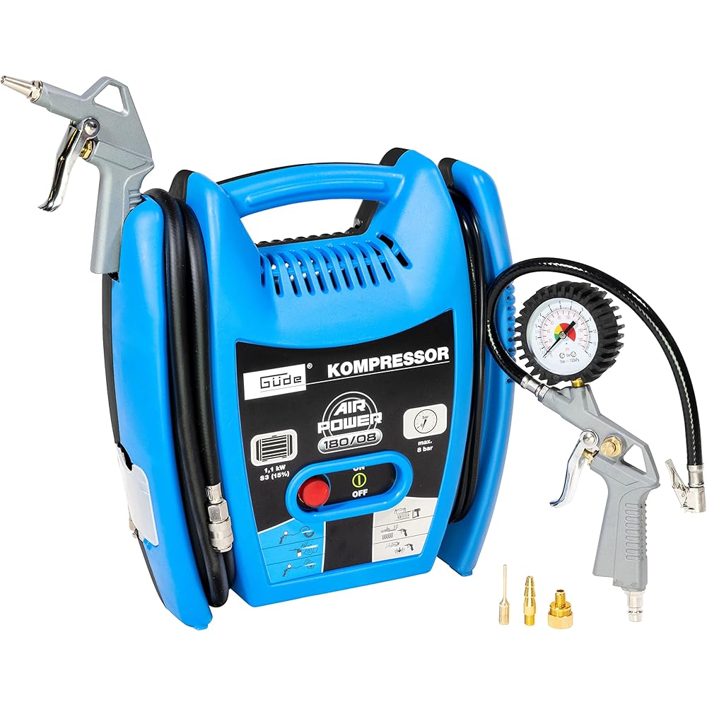 Güde Compresseur Airpower 180/08 (sans huile et nécessitant peu d'entretien, entraînement par courroie, 8 bars, 1100 W, débit effectif 140 l/min, tuyau d'air comprimé de 2,5 m avec raccord rapide : Bricolage