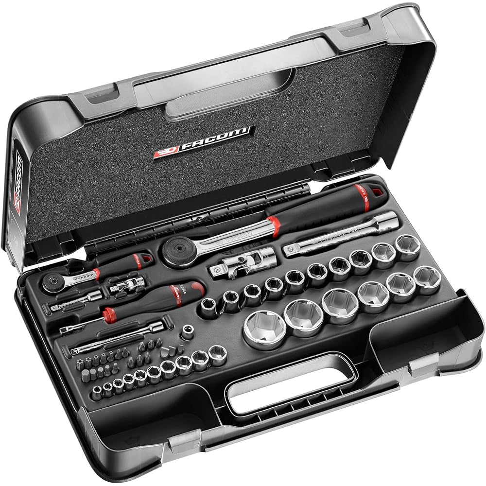 FACOM Coffret Outils Complet avec 55 Pièces Clés à Douille 2 Cliquets et 4 Rallonges Haute Performance Livrée en Plateau Thermoformé RS.161-2, Noir : Bricolage