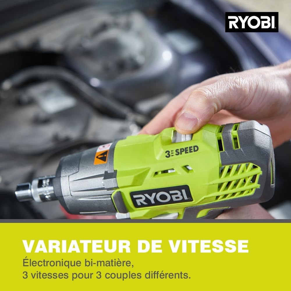 RYOBI - Boulonneuse Électrique Sans Fil 18V ONE+ 400 Nm - Clé à Chocs 3 Vitesses et 3 Couples - Fixation Carrée 1/2" et Adaptateur Hexagonal 1/4" - Inverseur de Rotation - R18IW3-0 : Bricolage
