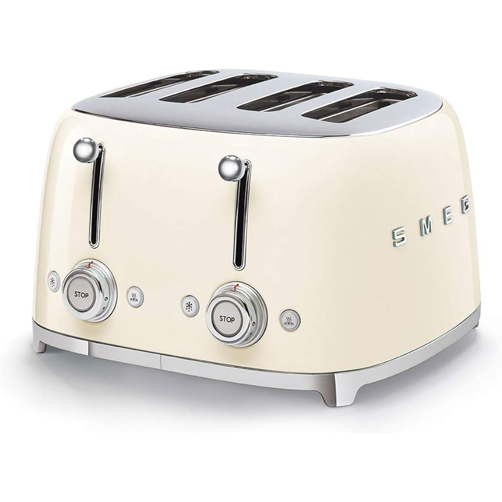 Smeg, Grille-pain 4 Tranches TSF03CREU, 4 Fentes 36 mm, 6 Niveaux de Brunissage, Fonction Chauffage, Décongélation et Bagel, Éjection Automatique du Pain, 2 Ramasse Miettes, 2000 W, Crème : Cuisine et Maison