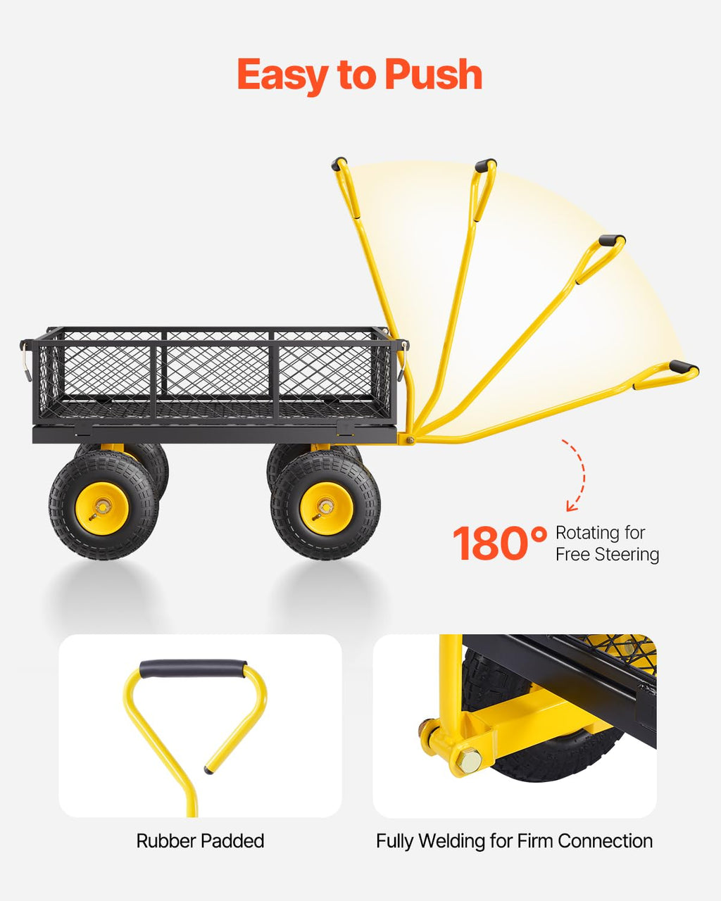 VEVOR Chariot de Jardin Transport, Charge 226,80 kg, Chariot Utilitaire Robuste Tractable Extérieur en Métal avec Pneus 254 mm, Côtés Amovibles en Maille Réglables, Poignée Rotative 180°, Jaune Noir : Cuisine et Maison