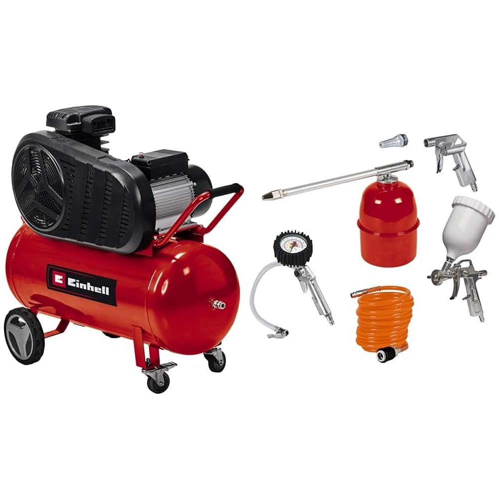 Einhell Compresseur TE-AC 270/50/10 (Puissance moteur 1800W, Capacité de la cuve : 50 L, Cuve garantie 10 ans contre la corrosion, Pied amortisseur de vibrations) + Kit 13 accessoires : Bricolage
