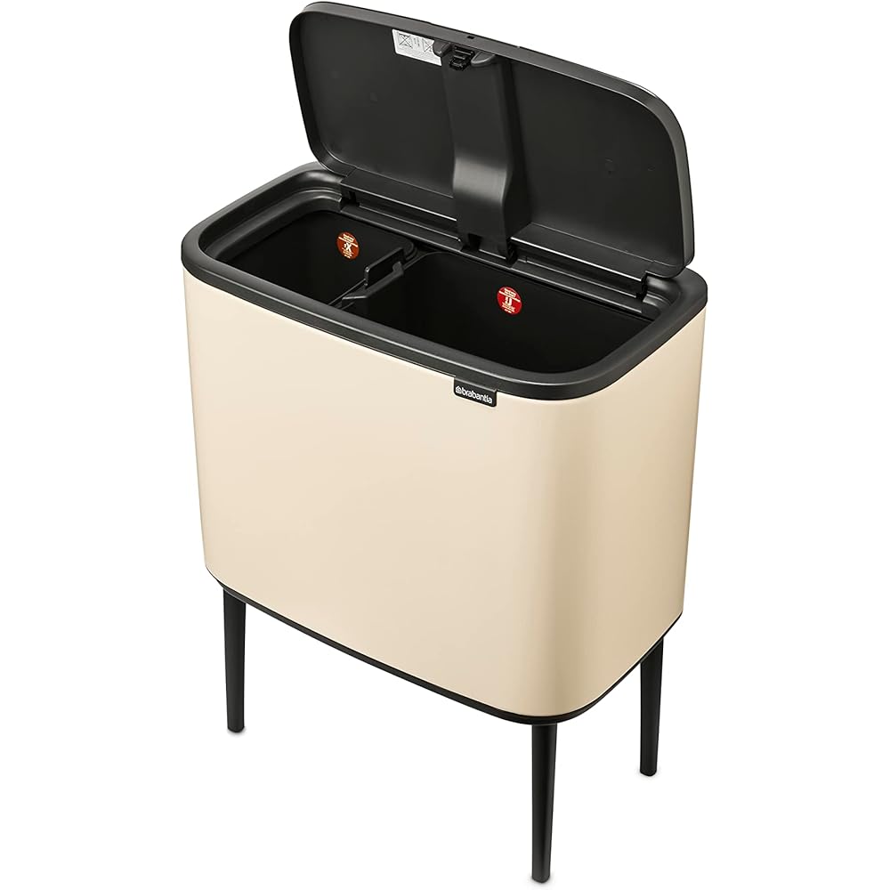 Brabantia - Bo Touch Bin 23+11L - Double Poubelle de Recyclage pour la Cuisine - Ouverture Soft-Touch - Seau Intérieur Amovible - Antidérapant - Sacs Poubelles Inclus - Soft Beige - 54 x 31 x 68 cm : Cuisine et Maison