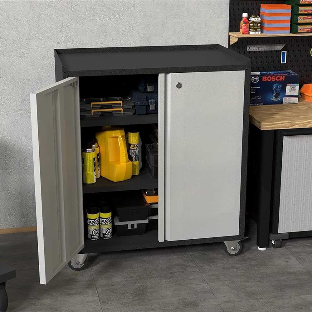 Supeer Armoire à outils avec roues,  en métal,  avec 2 portes et étagères réglables