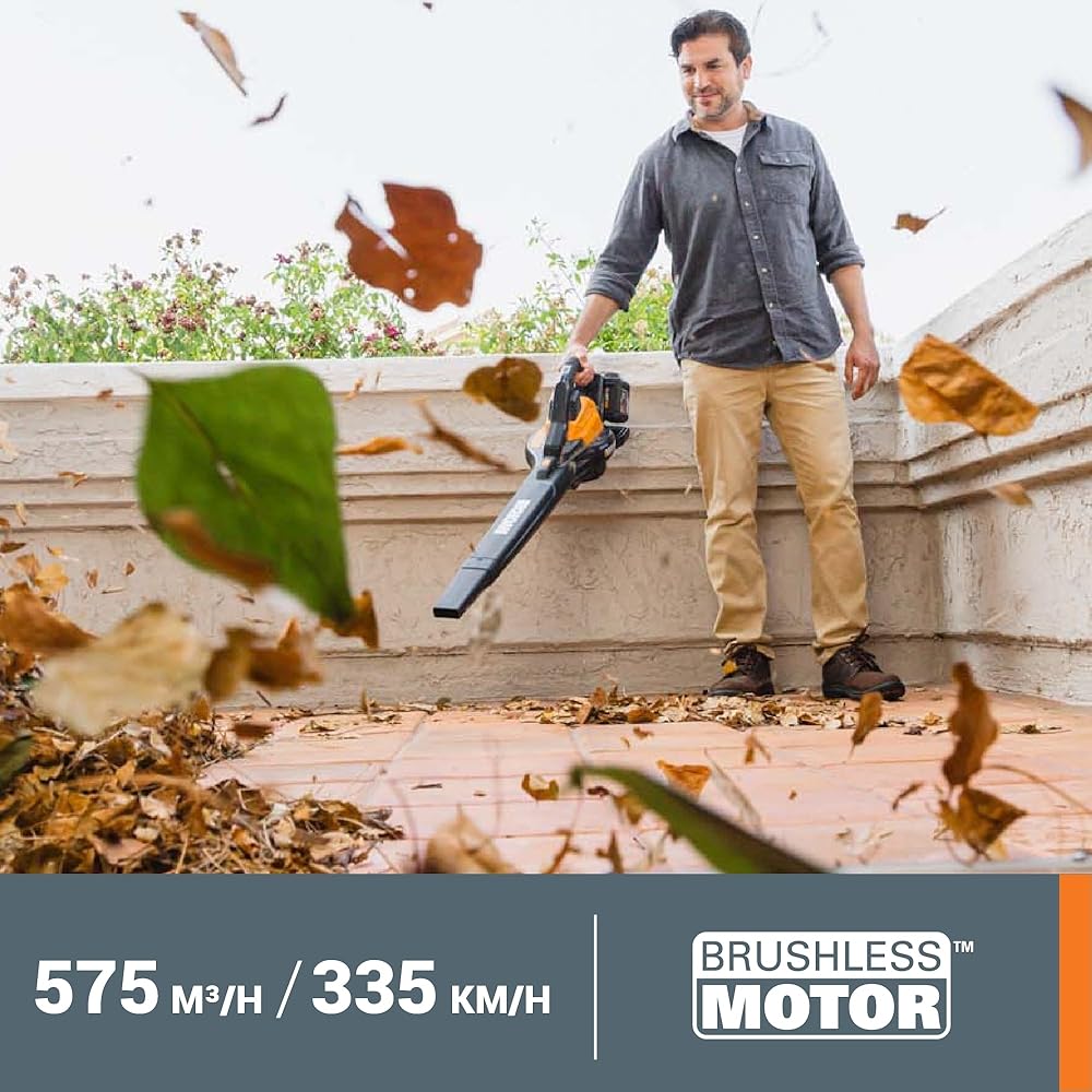 WORX Aspirateur-Souffleur sans Fil Brushless 40V WG583E.9, 2 en 1, Vitesse de 335km/h, 2 Modes de Vitesses pour Plus d'efficacité, avec Harnais et Sac, livré sans Batterie ni Chargeur : Jardin