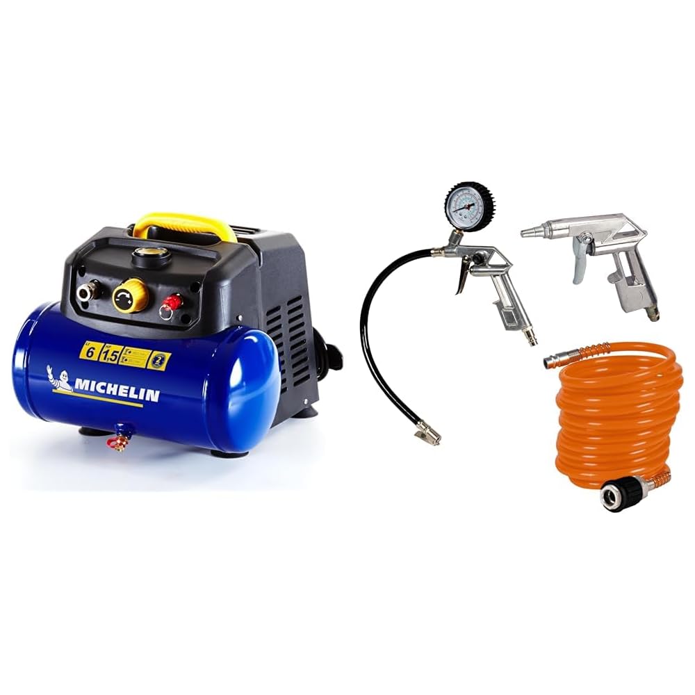 MICHELIN Compresseur d'Air Portatif MBL6 - Cuve 6 Litres - Moteur 1.5 cv - Pression Maximale 8 bar &amp; Einhell Kit d'accessoires - 1 pistolet de soufflage, 1 manomètre de gonflage, 1 tuyau de 5m : Bricolage