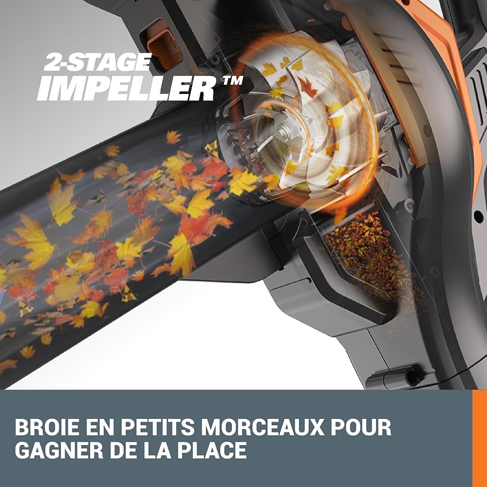 WORX Aspirateur-Souffleur sans Fil Brushless 40V WG583E.9, 2 en 1, Vitesse de 335km/h, 2 Modes de Vitesses pour Plus d'efficacité, avec Harnais et Sac, livré sans Batterie ni Chargeur : Jardin