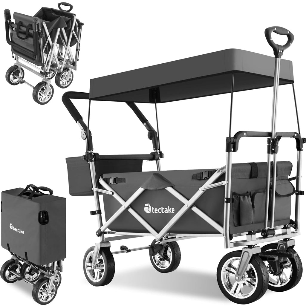 tectake® Chariot de Transport Pliable Chariot à roulettes de Jardin Remorque à Main Charrette à Bras Capacité Max. 80 kg avec Toit Amovible + Sac de Rangement pour Courses Plage Pêche Camping - Gris : Jardin