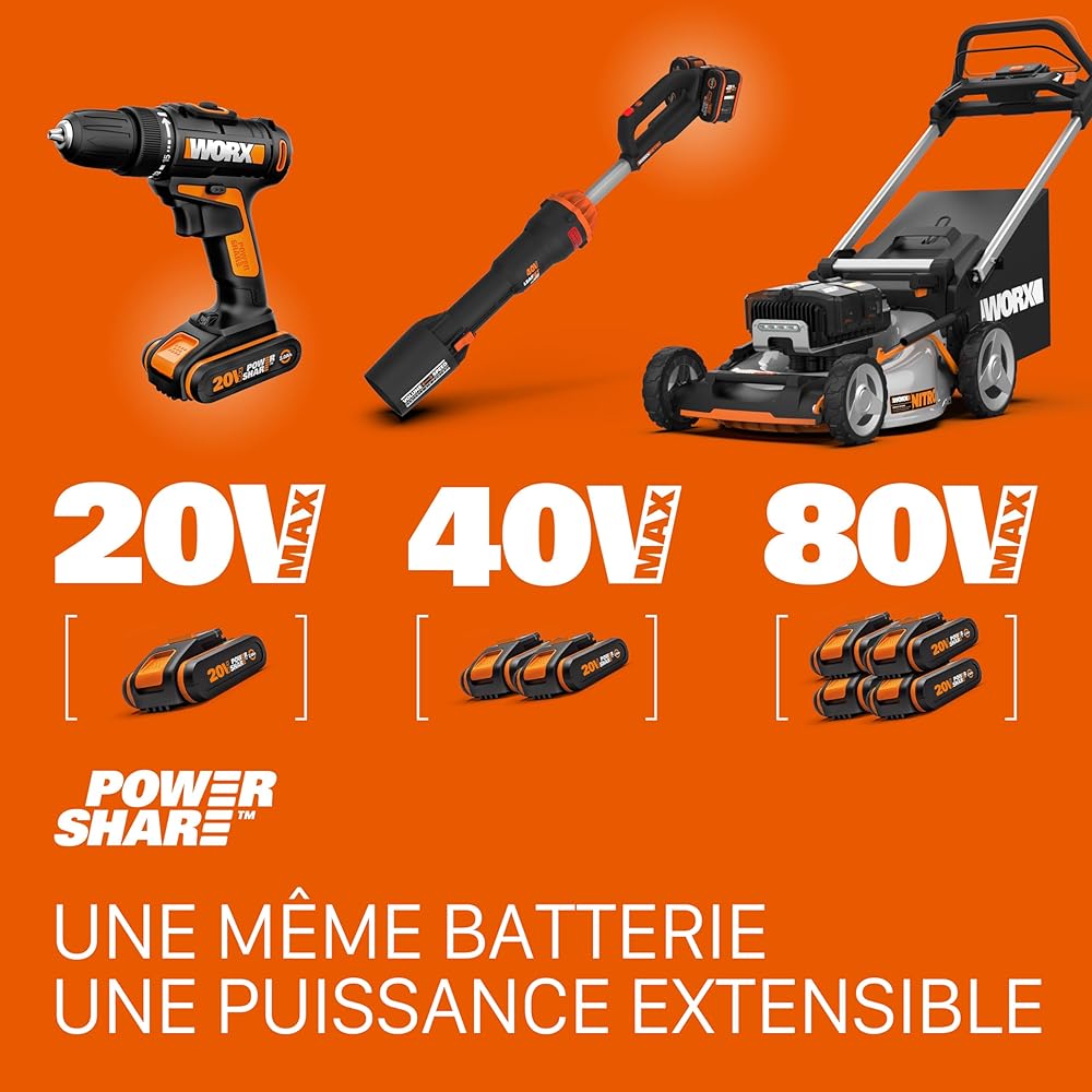 WORX Aspirateur-Souffleur sans Fil Brushless 40V WG583E.9, 2 en 1, Vitesse de 335km/h, 2 Modes de Vitesses pour Plus d'efficacité, avec Harnais et Sac, livré sans Batterie ni Chargeur : Jardin