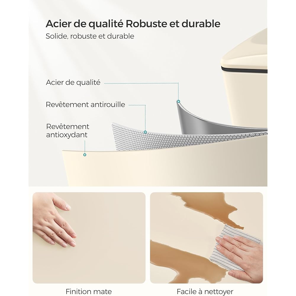 SONGMICS Poubelle de Cuisine 48L, Poubelle à Pédale, Fine, pour Petits Espaces, Couvercle à Fermeture en Douceur, avec Seau Intérieur, en Acier, 15 Sacs Poubelle Inclus, Beige Sable LTB510A02 : Cuisine et Maison