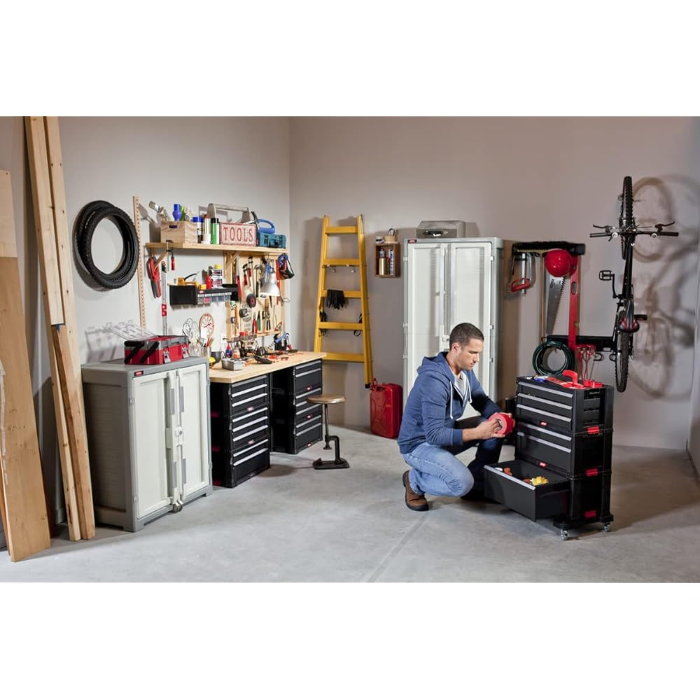 Keter Module Servante 7 Tiroirs - Servante d'Atelier pour Petits et Grands Outils - roulettes Pivotantes Amovibles avec Freins, 3 Caissons Amovibles - Verrouillage - 59,9 x 37,8 x 74.2 cm - Noir : Bricolage
