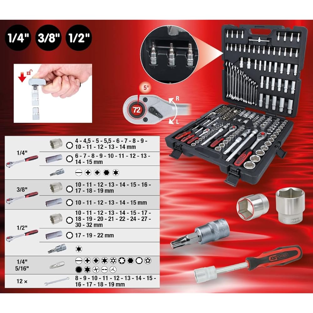 'KS Tools 1/4 "+ 3/8" + 1/2 Jeu de douilles, 216 Pièces, 1 pièce, 917.0216 : Bricolage