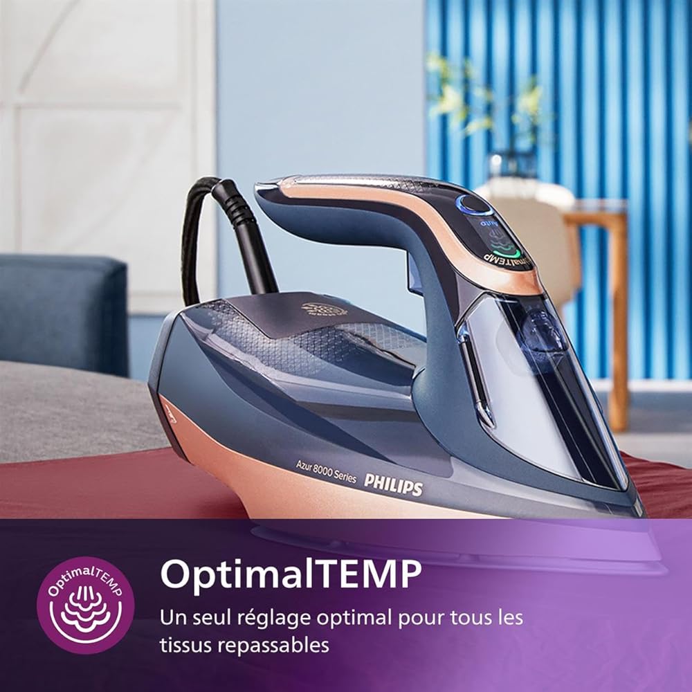 Philips Azur 8000 Series Fer À Vapeur - 85 g/min De Vapeur Continue, Effet Pressing Jusqu' À 260 g, 3000 W, Technologie OptimalTEMP, Semelle SteamGlide Elite, Bleu Foncé (DST8050/20) : Cuisine et Maison