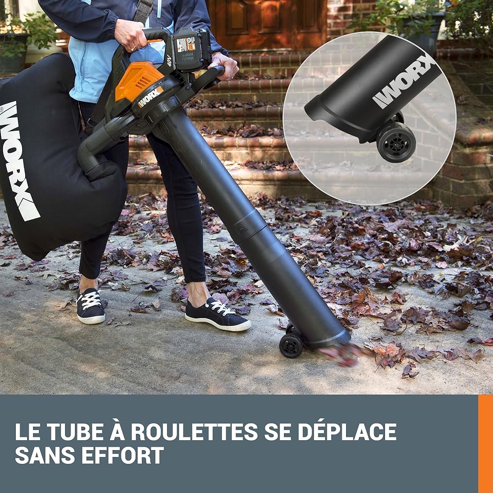WORX Aspirateur-Souffleur sans Fil Brushless 40V WG583E.9, 2 en 1, Vitesse de 335km/h, 2 Modes de Vitesses pour Plus d'efficacité, avec Harnais et Sac, livré sans Batterie ni Chargeur : Jardin