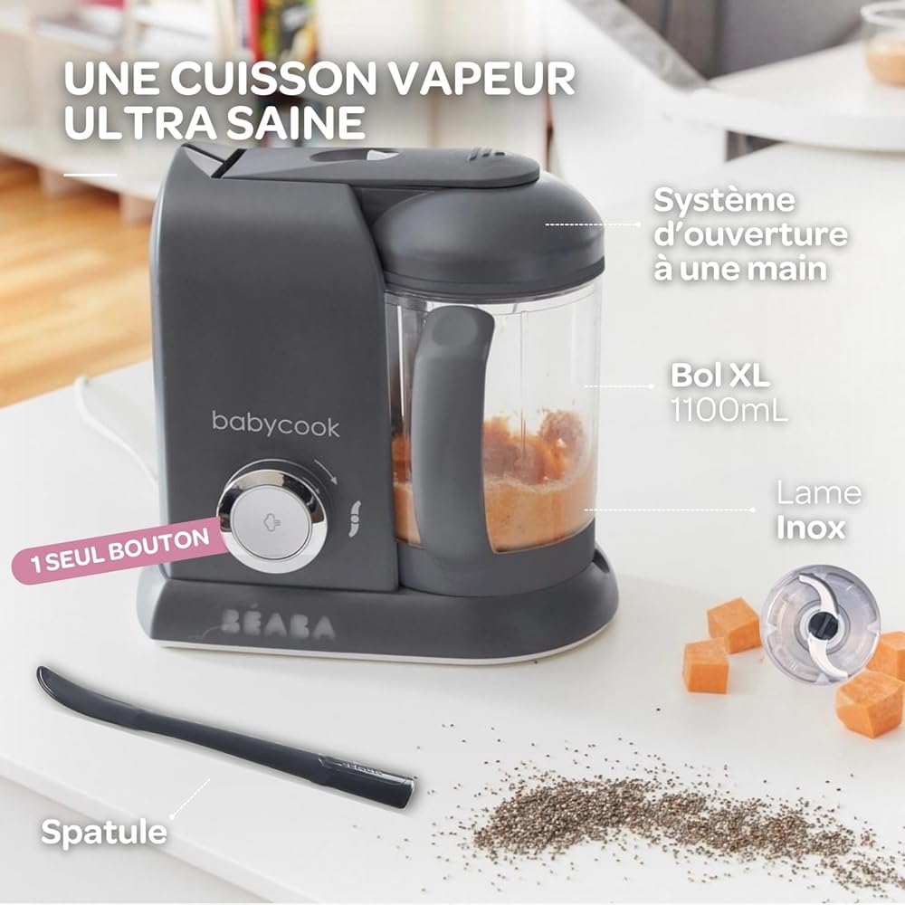 BEABA, Babycook Solo, Robot Bébé 4 en 1 Mixeur-Cuiseur, Cuisson Vapeur, Diversification alimentaire, Petits pots bébé maison, Dark Grey : Bébé et Puériculture
