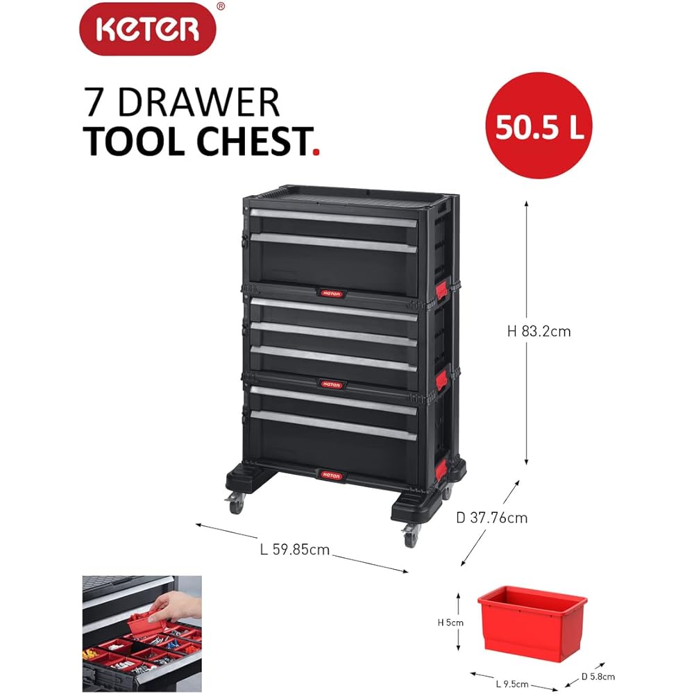 Keter Module Servante 7 Tiroirs - Servante d'Atelier pour Petits et Grands Outils - roulettes Pivotantes Amovibles avec Freins, 3 Caissons Amovibles - Verrouillage - 59,9 x 37,8 x 74.2 cm - Noir : Bricolage