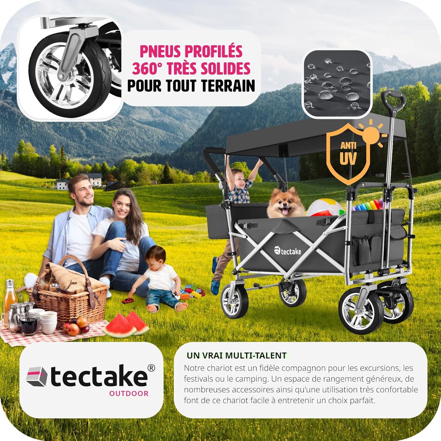 tectake® Chariot de Transport Pliable Chariot à roulettes de Jardin Remorque à Main Charrette à Bras Capacité Max. 80 kg avec Toit Amovible + Sac de Rangement pour Courses Plage Pêche Camping - Gris : Jardin