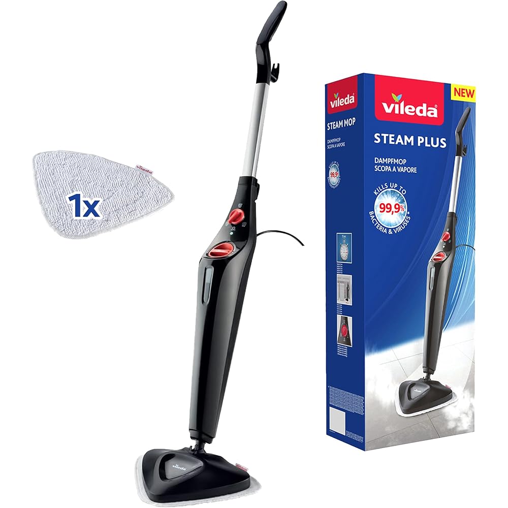 Vileda Steam Plus, Balai Vapeur, Nettoyeur Vapeur pour Un Nettoyage hygiénique, Tue jusqu'à 99,9% des bactéries et des Virus, Idéal pour Tapis et moquettes, Pas d'utilisation de Produits Chimiques : Cuisine et Maison