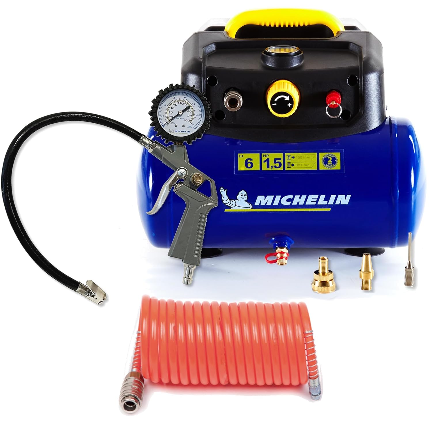 Michelin MBL6 Compresseur d'Air Portable, Compresseur d'Air Sans Huile de 6 Litres, Manomètre Intégré + Kit (pistolet de gonflage, tuyau spiralé et 3 buses inclus) : Commerce, Industrie et Science