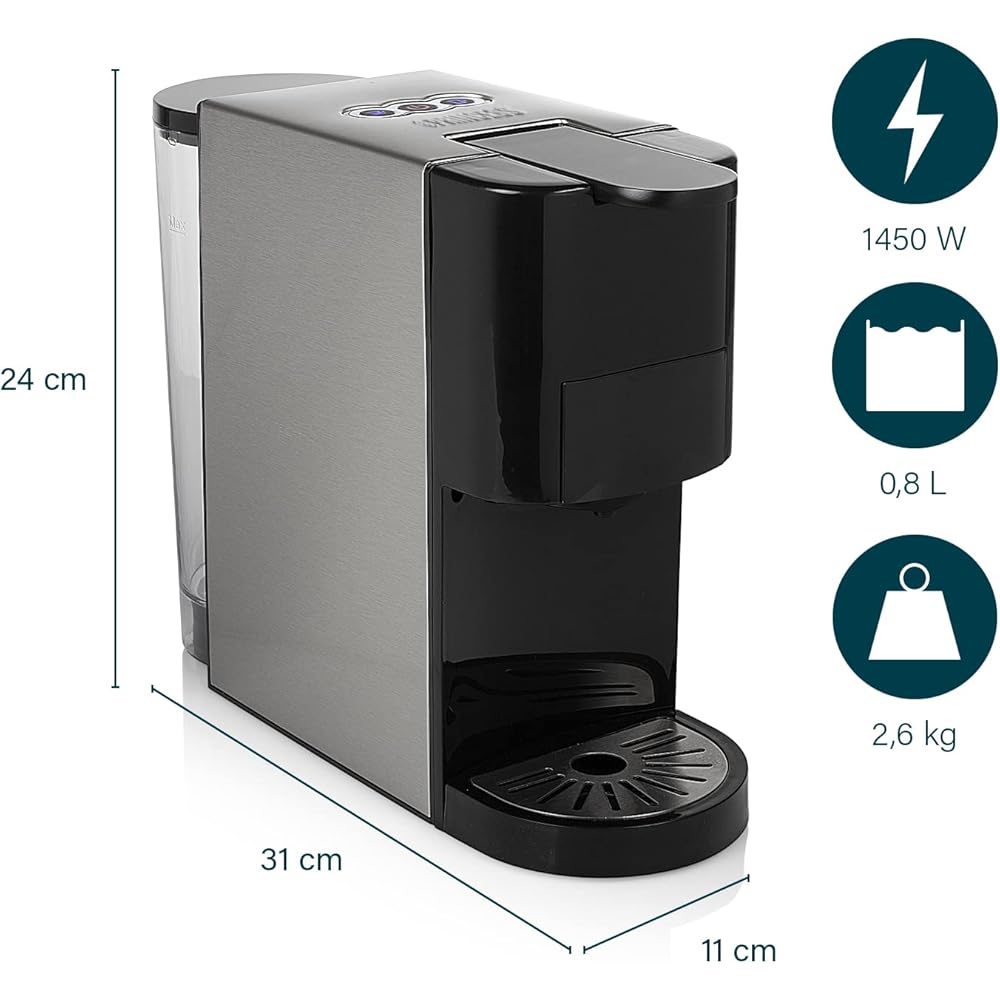 Princess Machine à café multi-capsules 4 en 1 – Capsules, dosettes, café moulu – Sans BPA – 800 ml – 1450 W – Noir et argent – 249450 : Cuisine et Maison