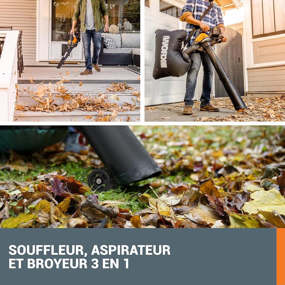 WORX Aspirateur-Souffleur sans Fil Brushless 40V WG583E.9, 2 en 1, Vitesse de 335km/h, 2 Modes de Vitesses pour Plus d'efficacité, avec Harnais et Sac, livré sans Batterie ni Chargeur : Jardin