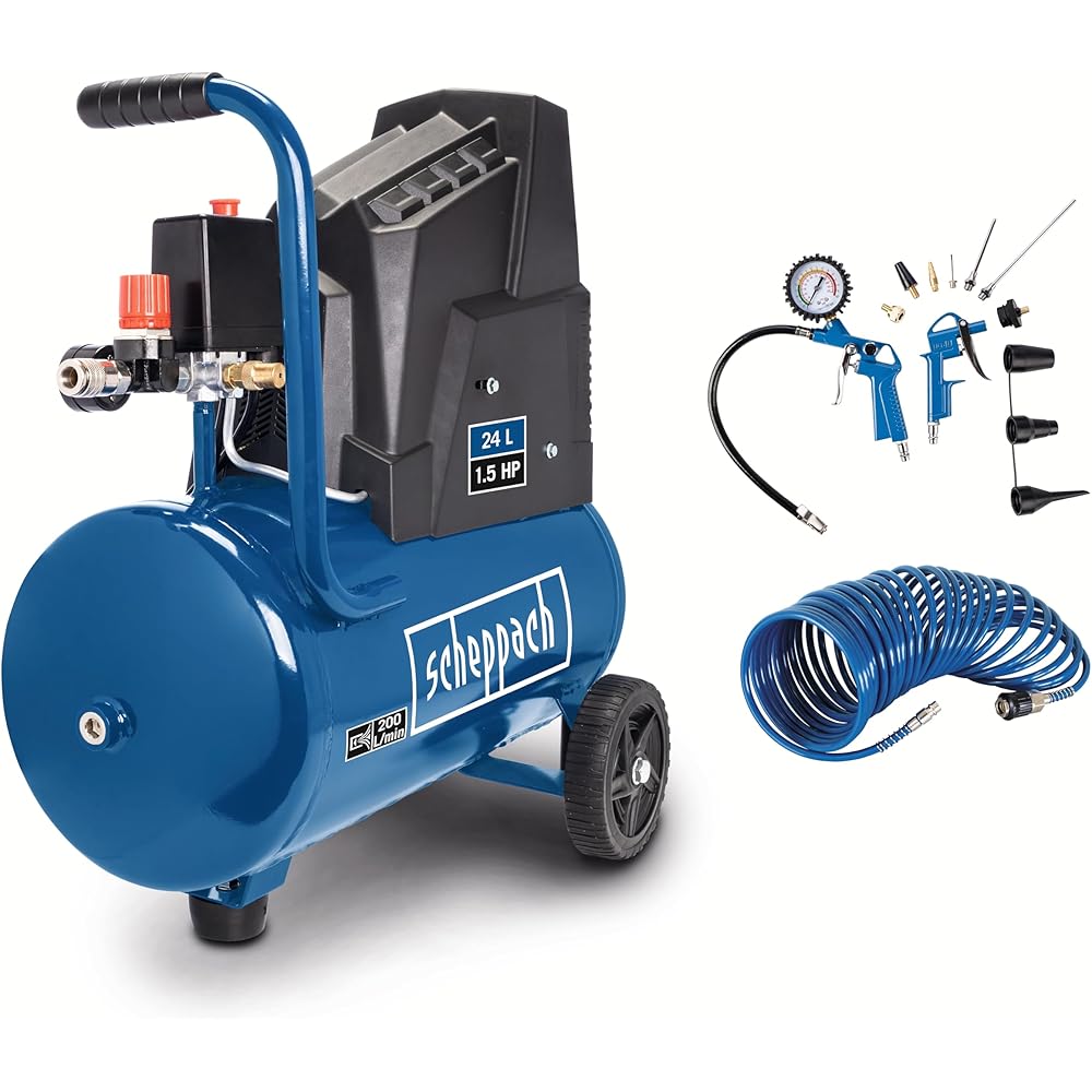 Scheppach Compresseur à air HC30o | 1100 W | Admission d'air 200 L/min | Cuve de 24 Litres | 8 bar | Sans huile &amp; Longue durée de vie | Avec 13 accessoires inclus : Bricolage