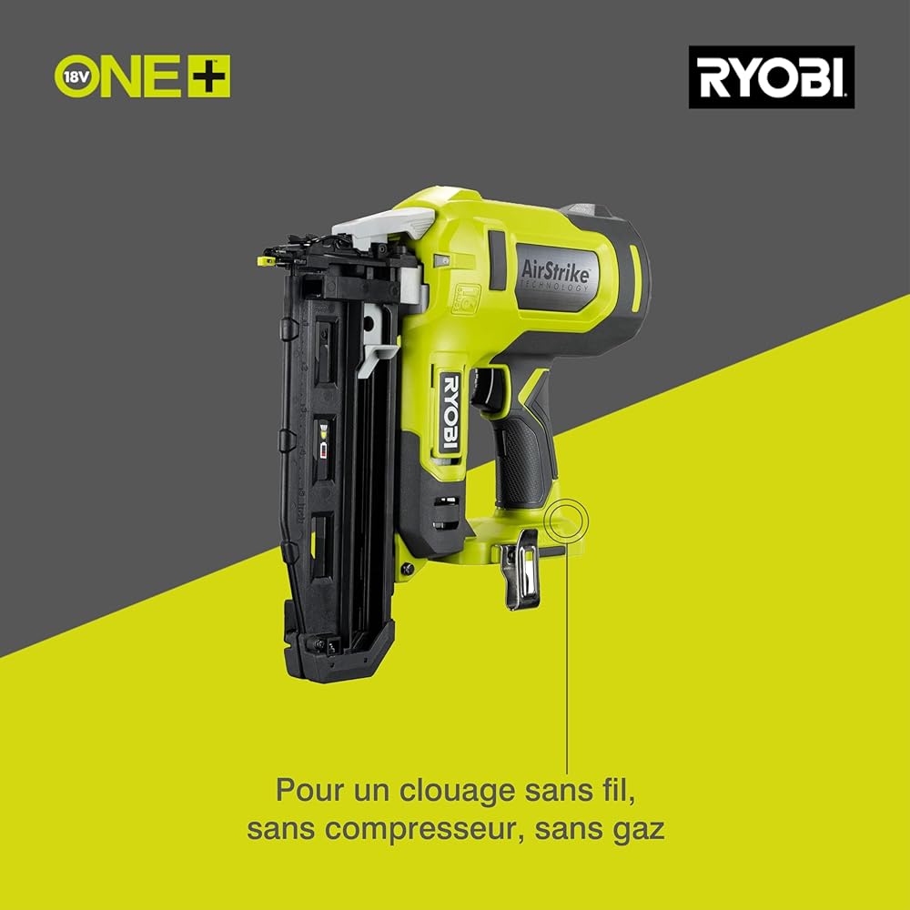 RYOBI - Cloueur de finition 16G à air comprimé 18V - pointe de 19 à 64 mm - tête 1,6 mm - chargeur 100 pointes - Livré avec 500 pointes et 2 embouts de protection des matériaux - R16GN18-0 : Bricolage