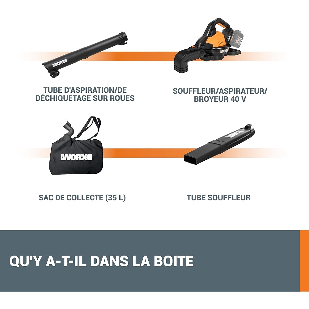 WORX Aspirateur-Souffleur sans Fil Brushless 40V WG583E.9, 2 en 1, Vitesse de 335km/h, 2 Modes de Vitesses pour Plus d'efficacité, avec Harnais et Sac, livré sans Batterie ni Chargeur : Jardin