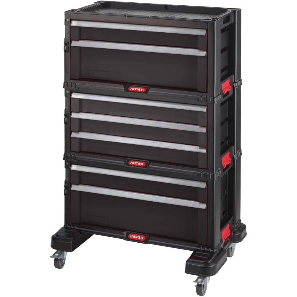Keter Module Servante 7 Tiroirs - Servante d'Atelier pour Petits et Grands Outils - roulettes Pivotantes Amovibles avec Freins, 3 Caissons Amovibles - Verrouillage - 59,9 x 37,8 x 74.2 cm - Noir : Bricolage
