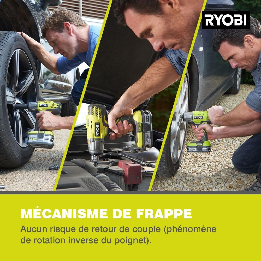 RYOBI - Boulonneuse Électrique Sans Fil 18V ONE+ 400 Nm - Clé à Chocs 3 Vitesses et 3 Couples - Fixation Carrée 1/2" et Adaptateur Hexagonal 1/4" - Inverseur de Rotation - R18IW3-0 : Bricolage