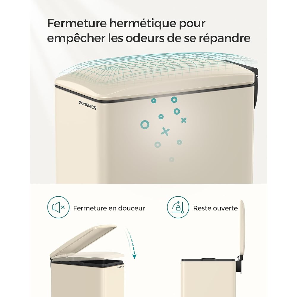 SONGMICS Poubelle de Cuisine 48L, Poubelle à Pédale, Fine, pour Petits Espaces, Couvercle à Fermeture en Douceur, avec Seau Intérieur, en Acier, 15 Sacs Poubelle Inclus, Beige Sable LTB510A02 : Cuisine et Maison