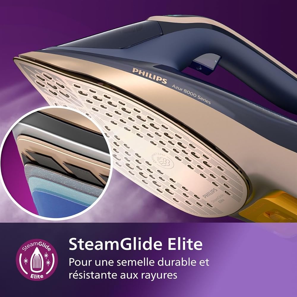 Philips Azur 8000 Series Fer À Vapeur - 85 g/min De Vapeur Continue, Effet Pressing Jusqu' À 260 g, 3000 W, Technologie OptimalTEMP, Semelle SteamGlide Elite, Bleu Foncé (DST8050/20) : Cuisine et Maison