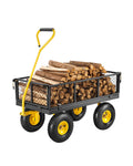 VEVOR Chariot de Jardin Transport, Charge 226,80 kg, Chariot Utilitaire Robuste Tractable Extérieur en Métal avec Pneus 254 mm, Côtés Amovibles en Maille Réglables, Poignée Rotative 180°, Jaune Noir : Cuisine et Maison