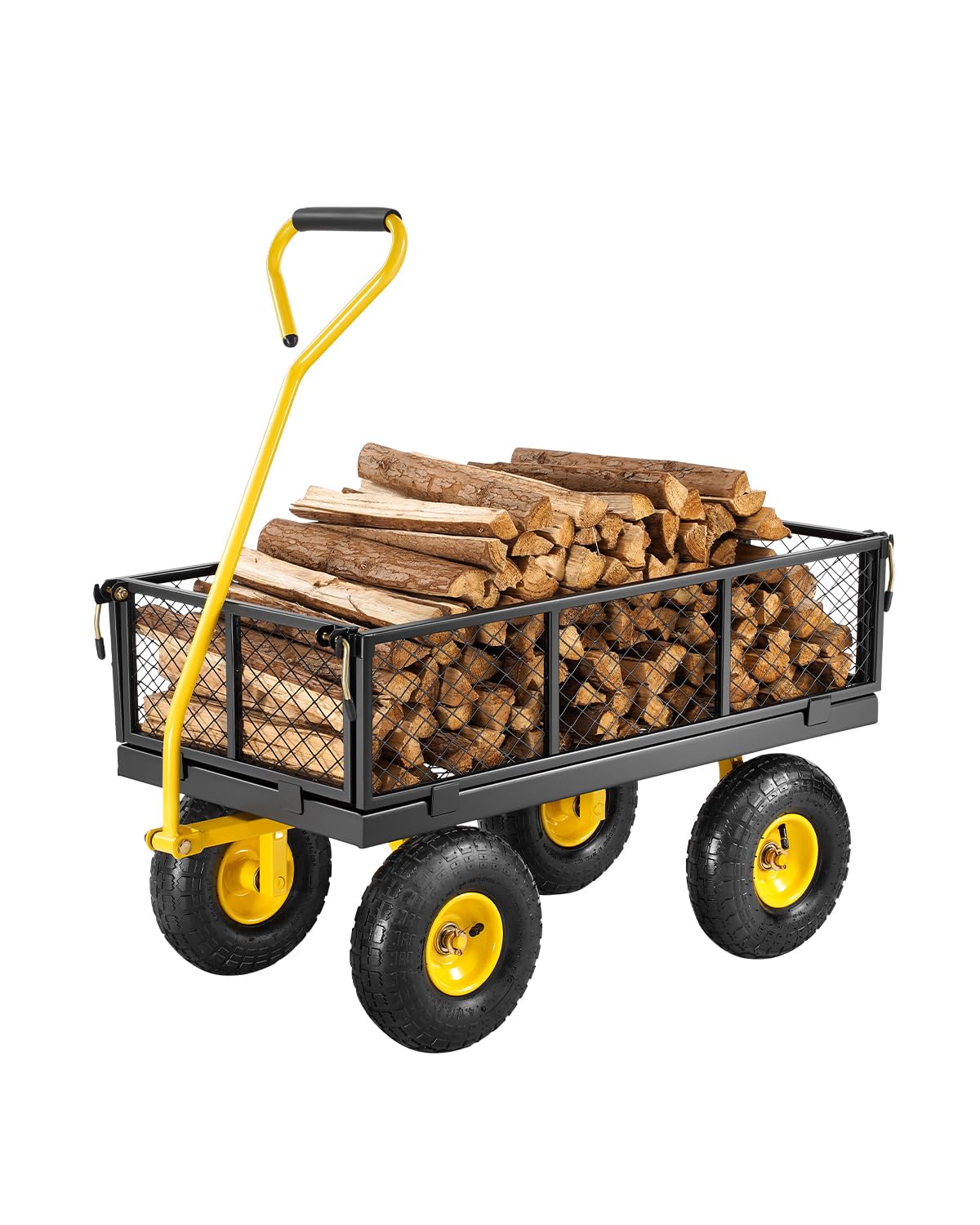 VEVOR Chariot de Jardin Transport, Charge 226,80 kg, Chariot Utilitaire Robuste Tractable Extérieur en Métal avec Pneus 254 mm, Côtés Amovibles en Maille Réglables, Poignée Rotative 180°, Jaune Noir : Cuisine et Maison