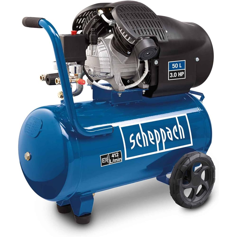 Scheppach Compresseur à air HC53DC | Compresseur bicylindre | 2200W | Cuve 50L | Pression 10bar | Débit d'aspiration 412L/min | Réducteur de pression &amp; lubrifié | Compresseur longue durée