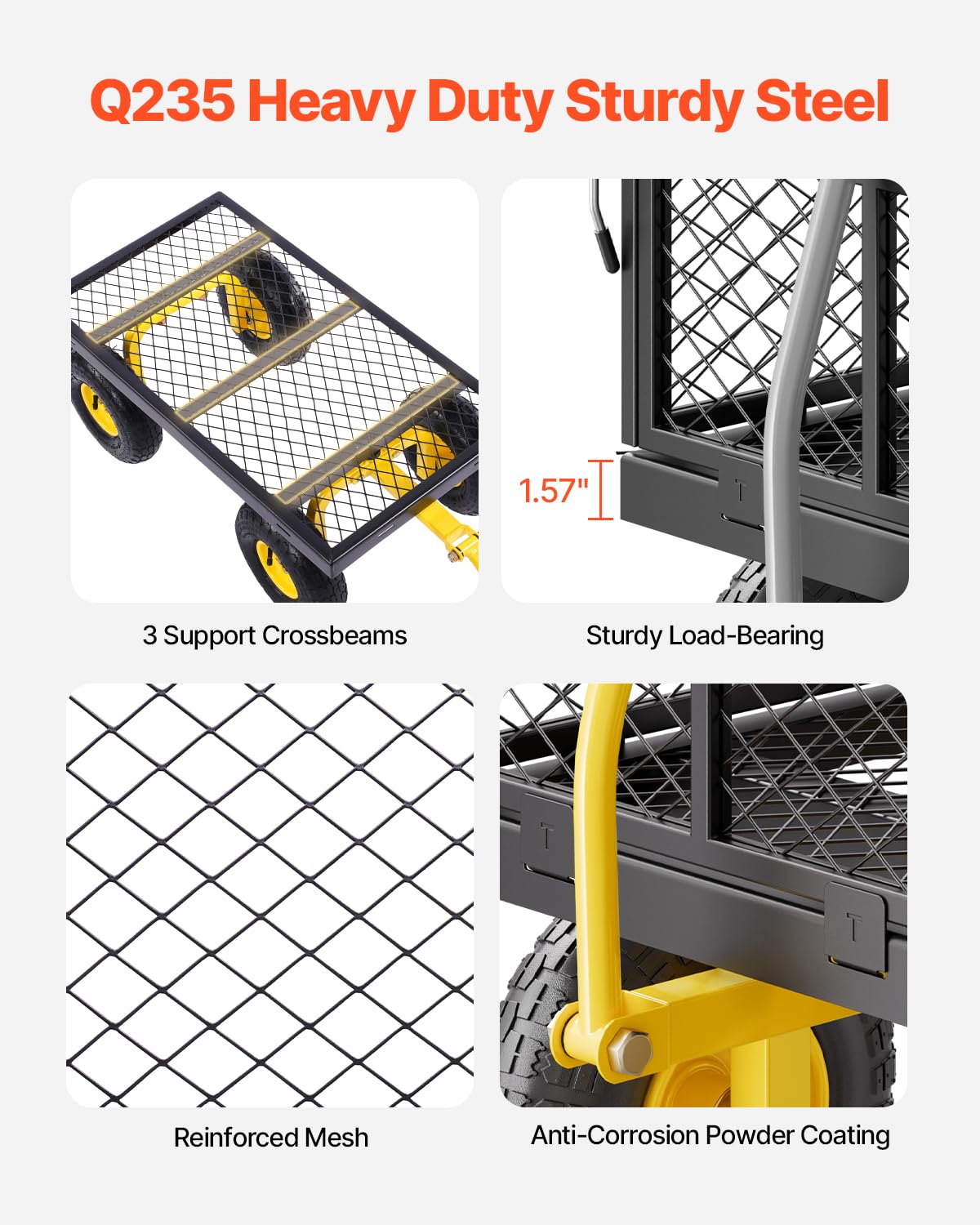 VEVOR Chariot de Jardin Transport, Charge 226,80 kg, Chariot Utilitaire Robuste Tractable Extérieur en Métal avec Pneus 254 mm, Côtés Amovibles en Maille Réglables, Poignée Rotative 180°, Jaune Noir : Cuisine et Maison