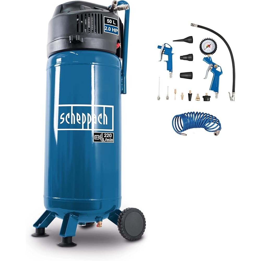 Scheppach Compresseur Vertical HC51V avec 13 accessoires et 8m de tuyau | 10 bar | Cuve de 50L | Sans huile | 1500W - 2CV | Puissance d'aspiration 220 l/min | Double raccord | Réducteur de pression