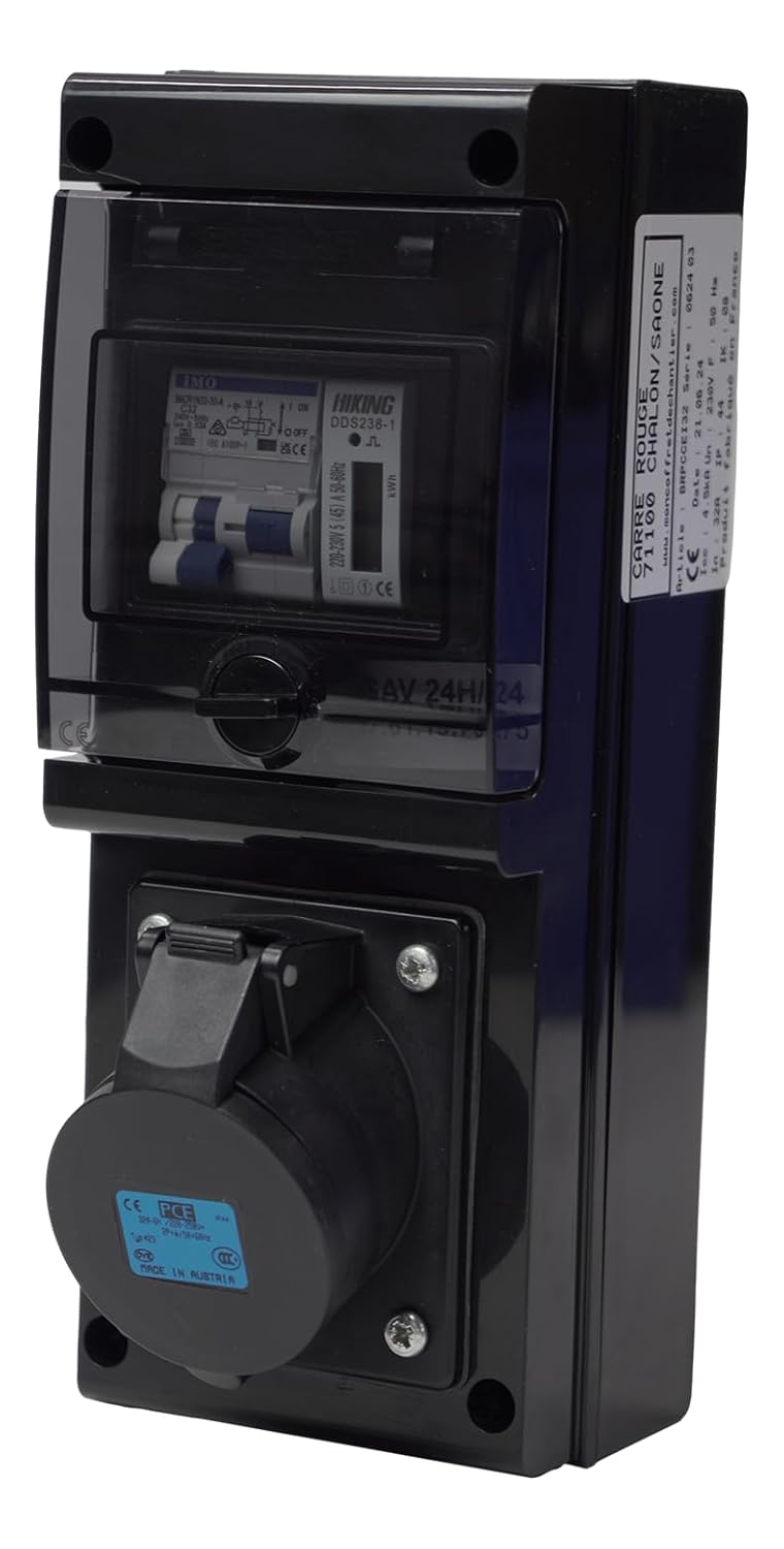 Carré Rouge - Borne de Recharge avec Prise Europe 32A 7KW Complète pour Véhicule Électrique, Protections et Compteur, IP65, Fabrication Française - 28x11x9,5 cm : Commerce, Industrie et Science