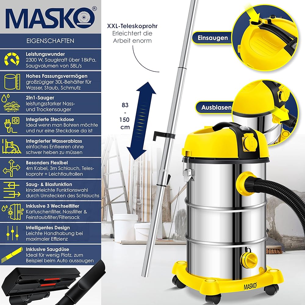 Masko® Aspirateur Industriel Aspirateur Eau et poussière aspirateur Acier Inoxydable 2 300 W + Prise électrique Fonction soufflage Aspiration à Sec et Aspiration de l'eau | Push&amp;Clean, Jaune : Cuisine et Maison