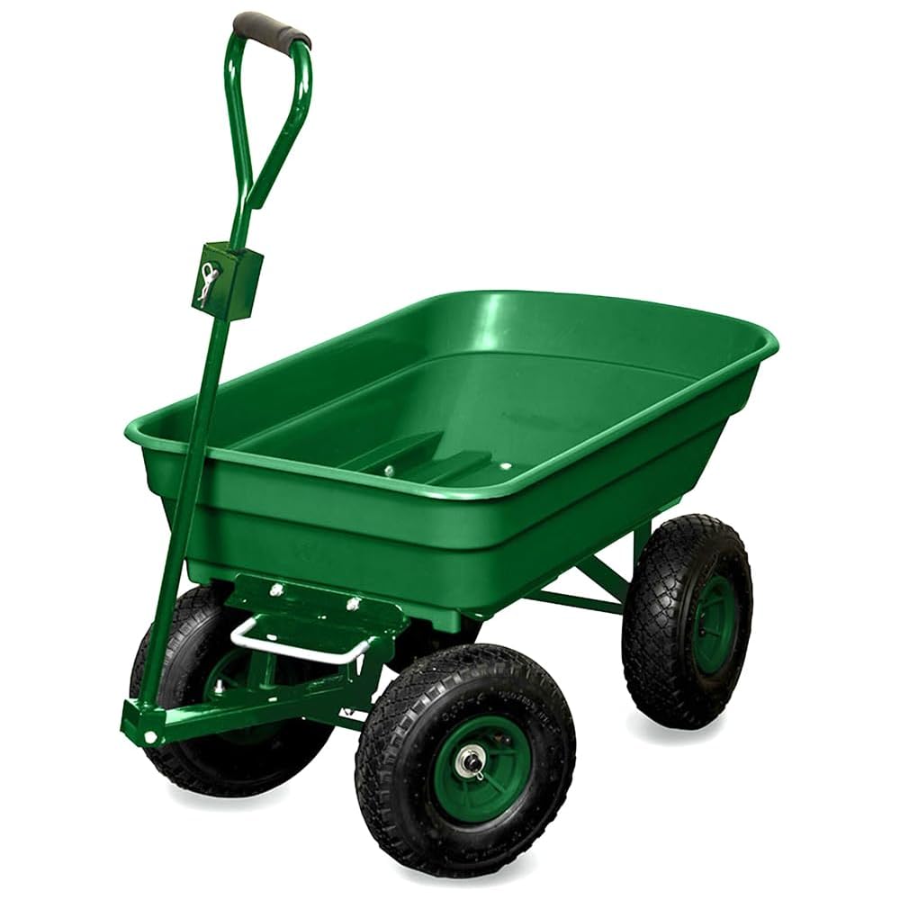Chariot de Jardin 4 Roues 120 Kg - Benne Basculante 52 L - Fonction Brouette Jardin - Chariot Remorque avec Attelage Tracteur Tondeuse - Capacité Basculée 80 Kg - Pneus Gonflables Profilés 23 cm : Jardin