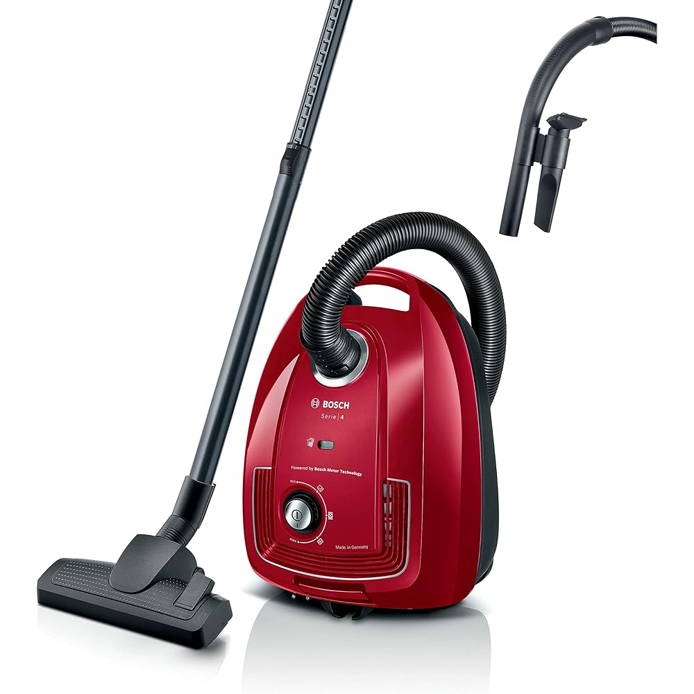 Bosch Electroménager Série 4, BGB38RD2, aspirateur traîneau avec Sac, Rayon d'action de 10 mètres, Sac à poussières XL de 4L, Design Compact, léger, Rouge : Cuisine et Maison