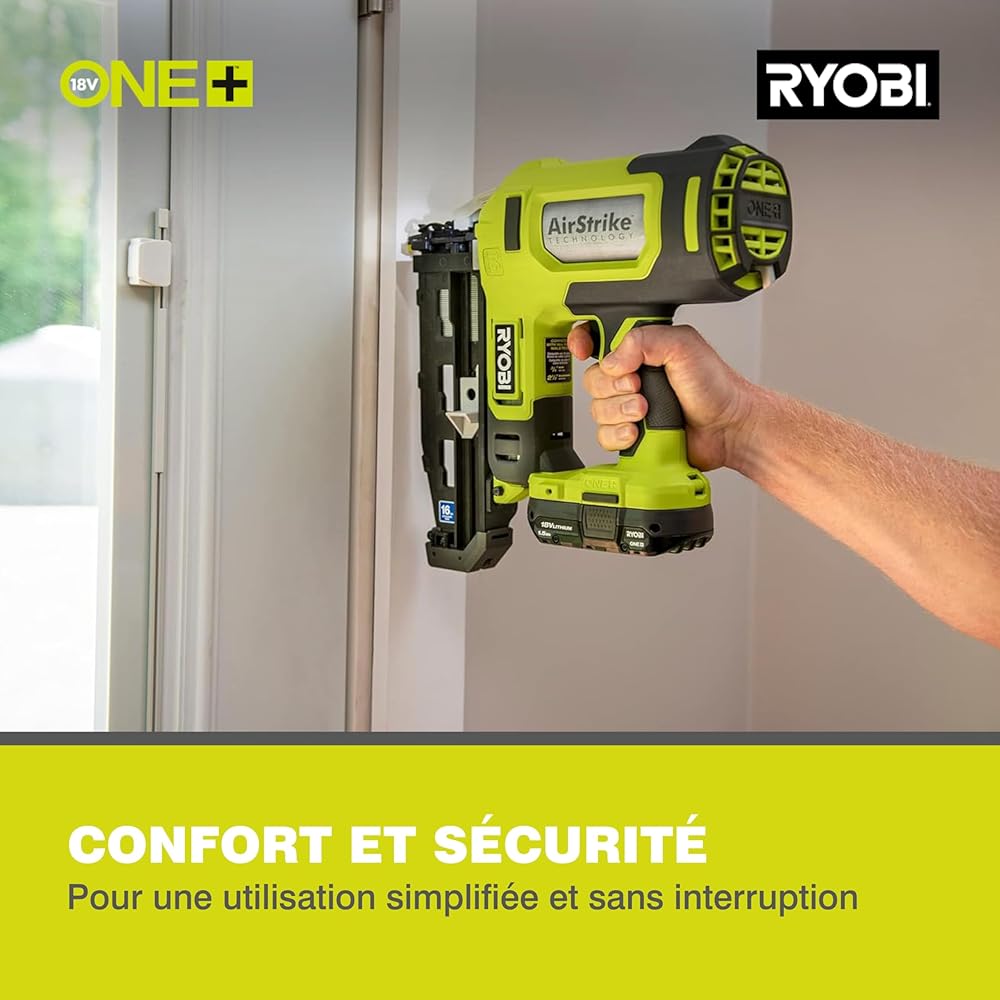RYOBI - Cloueur de finition 16G à air comprimé 18V - pointe de 19 à 64 mm - tête 1,6 mm - chargeur 100 pointes - Livré avec 500 pointes et 2 embouts de protection des matériaux - R16GN18-0 : Bricolage